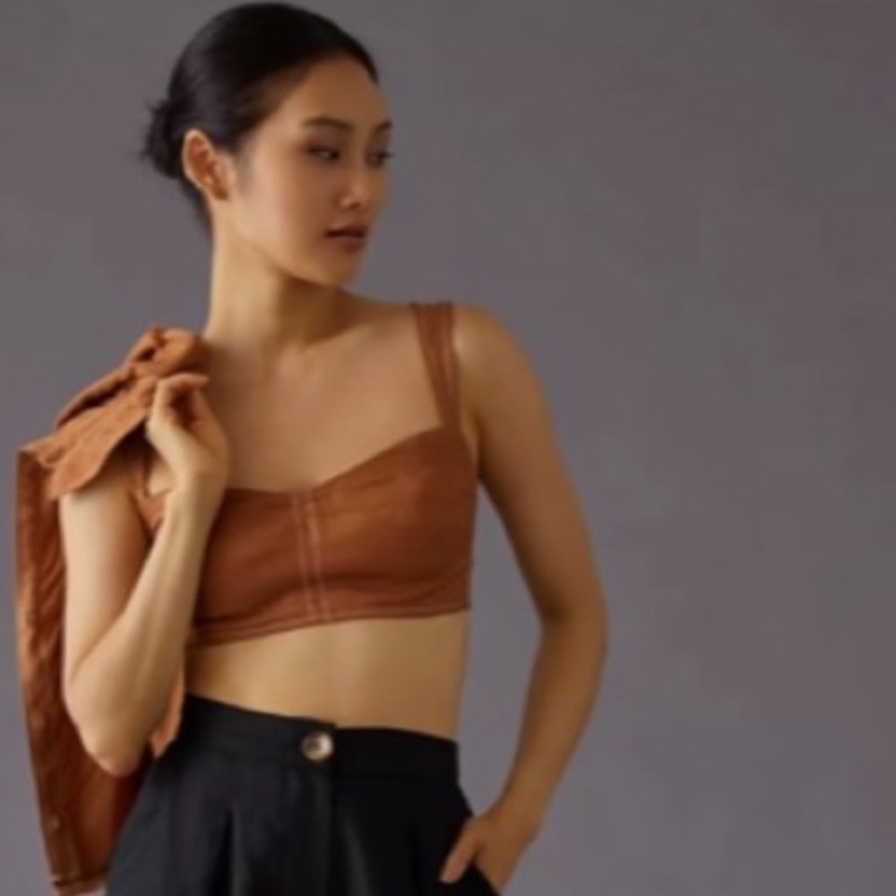 Anthropologie Mango Seamed Pullover Strappy Shirring Back Corset Cami Crop Top M